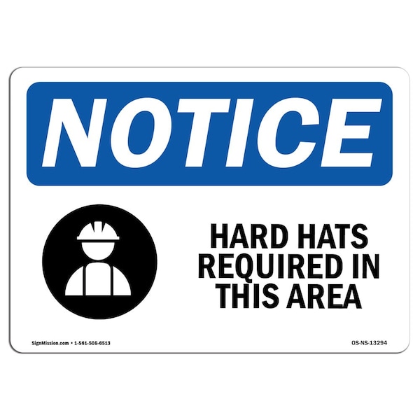 OSHA Sign, Hard Hats Required In Area, 5in X 3.5in Decal, 10PK, 5" W, 3.5" H, Landscap, PK10